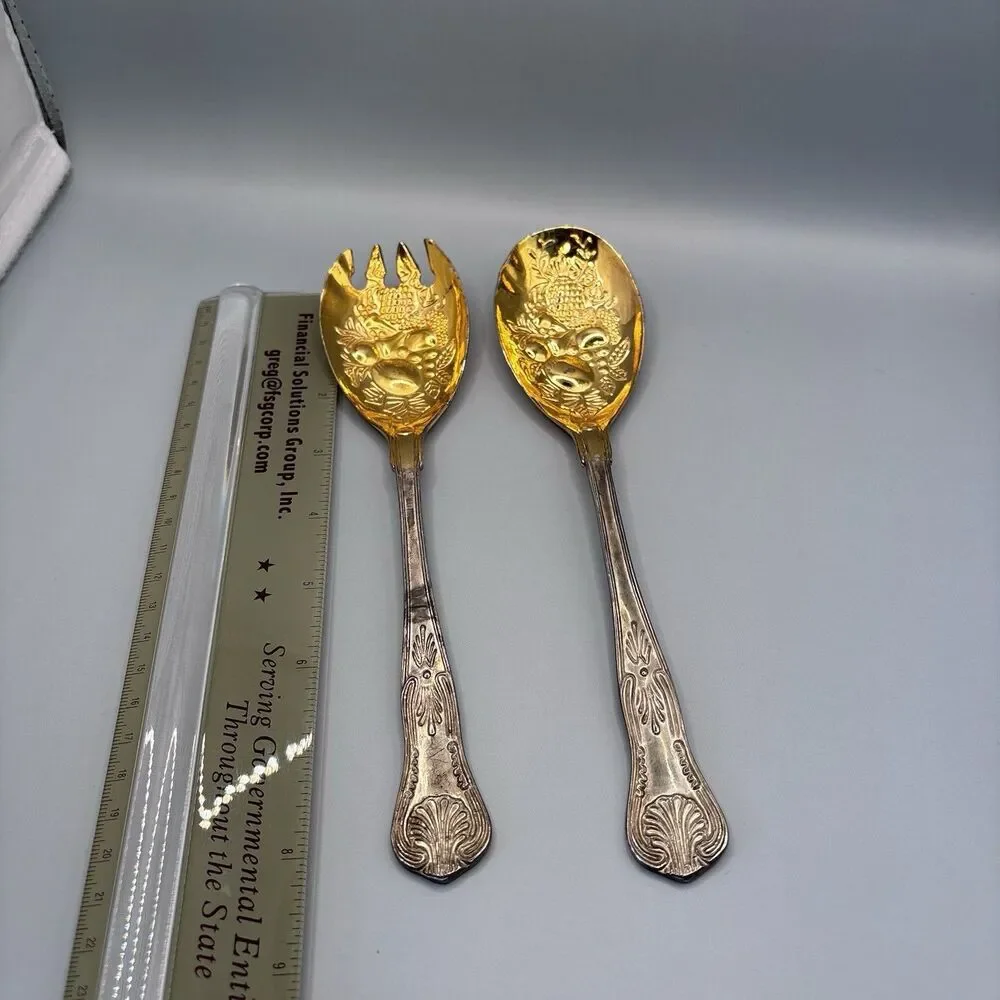 Vintage Gold/Silver  Tone Salad Serving Spoon Fork Set Embossed Fruit Pattern